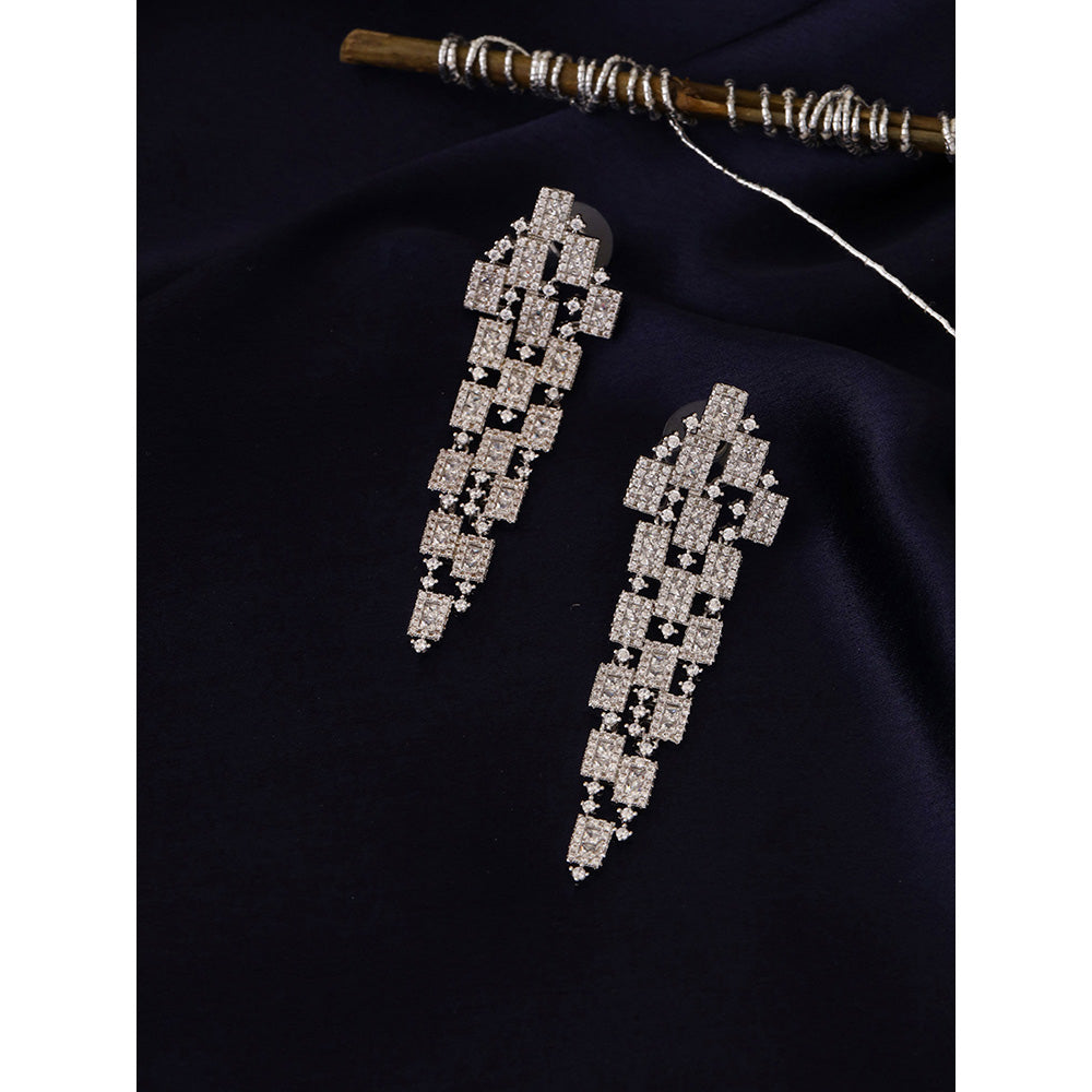 Shaze Silver Rhodium-Plated American Diamond Quadrangle Drop & Dangle Earrings For Women