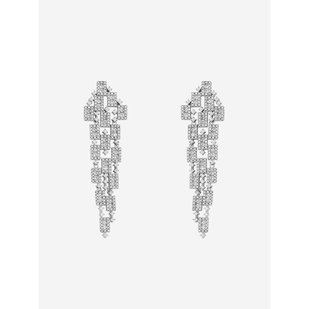 Shaze Silver Rhodium-Plated American Diamond Quadrangle Drop & Dangle Earrings For Women