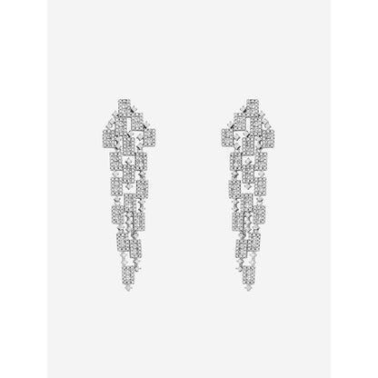 Shaze Silver Rhodium-Plated American Diamond Quadrangle Drop & Dangle Earrings For Women