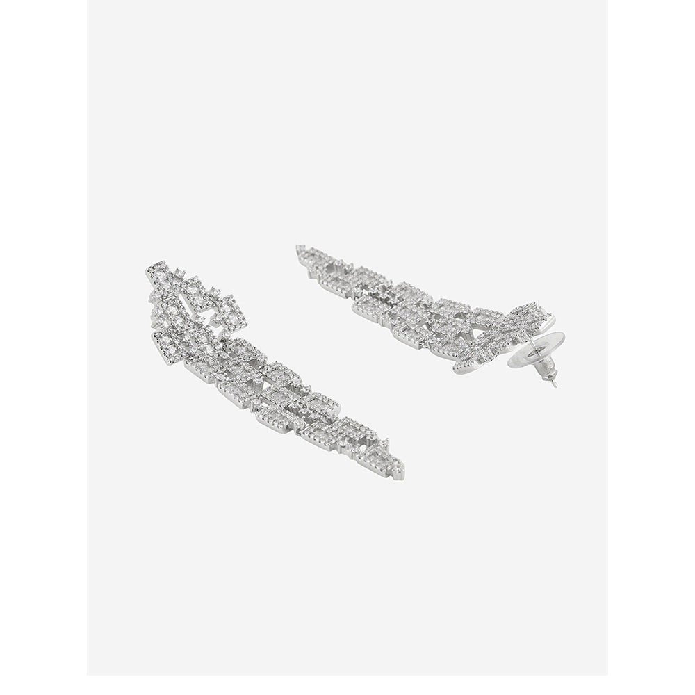 Shaze Silver Rhodium-Plated American Diamond Quadrangle Drop & Dangle Earrings For Women