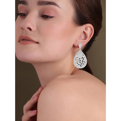Shaze Silver Rhodium-Plated American Diamond Array Drop & Dangle Earrings For Women