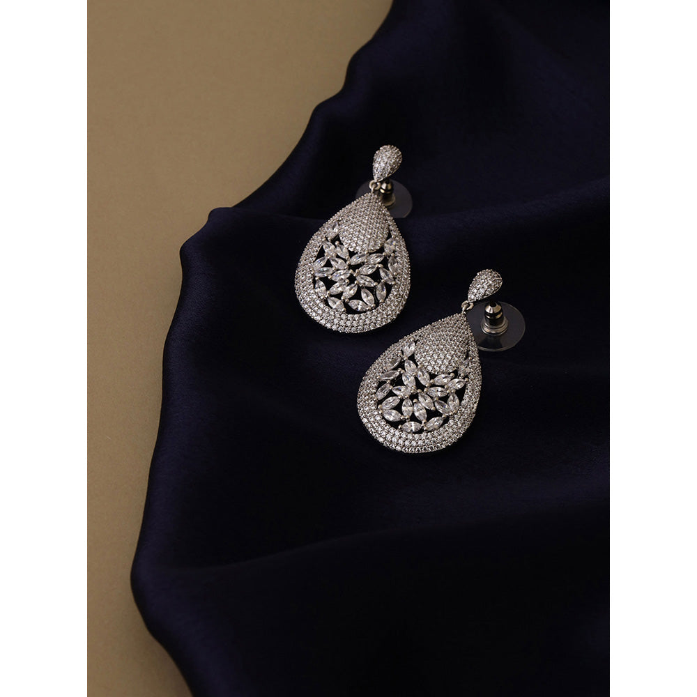 Shaze Silver Rhodium-Plated American Diamond Array Drop & Dangle Earrings For Women