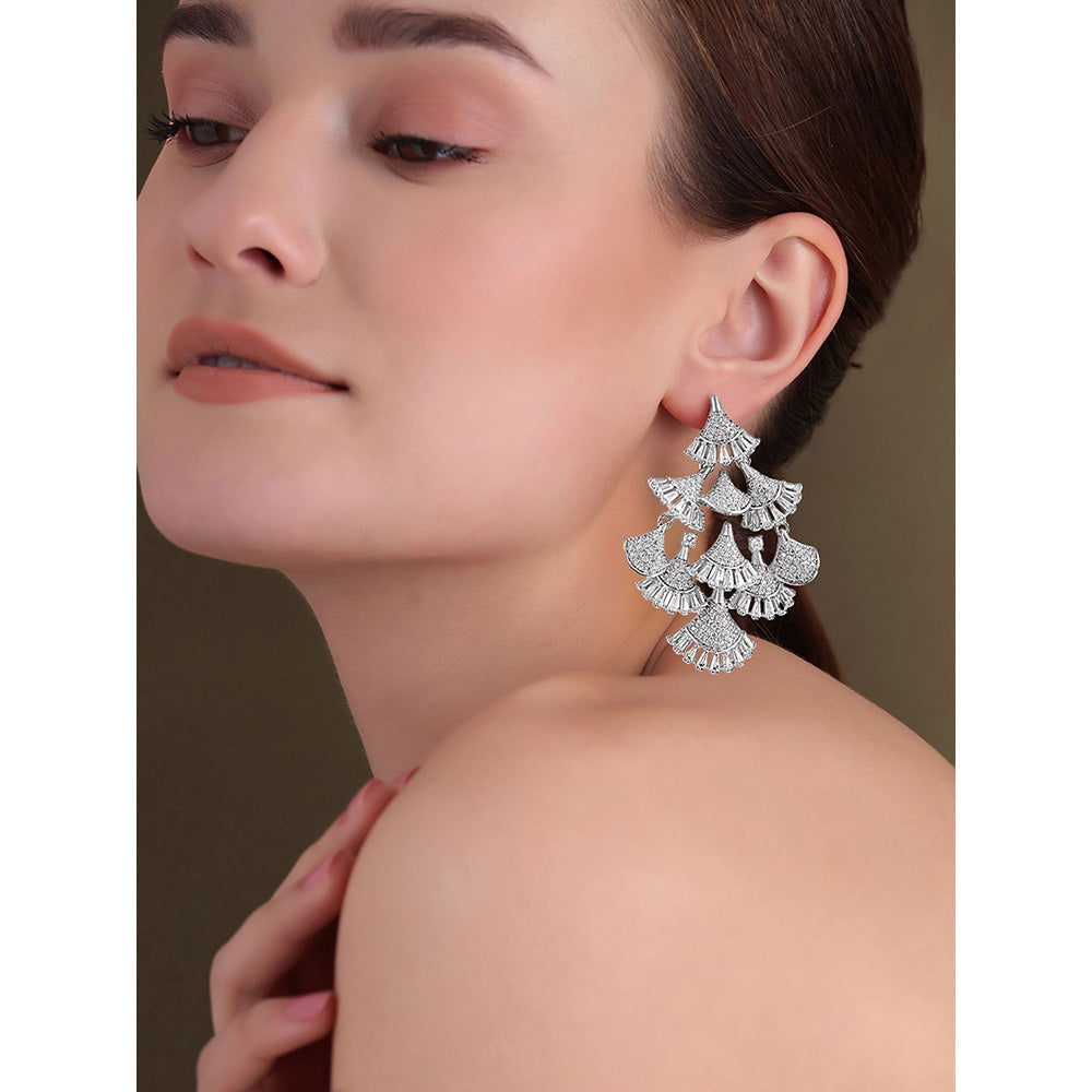 Shaze Silver Rhodium-Plated American Diamond Sunbeam Drop & Dangle Earrings For Women