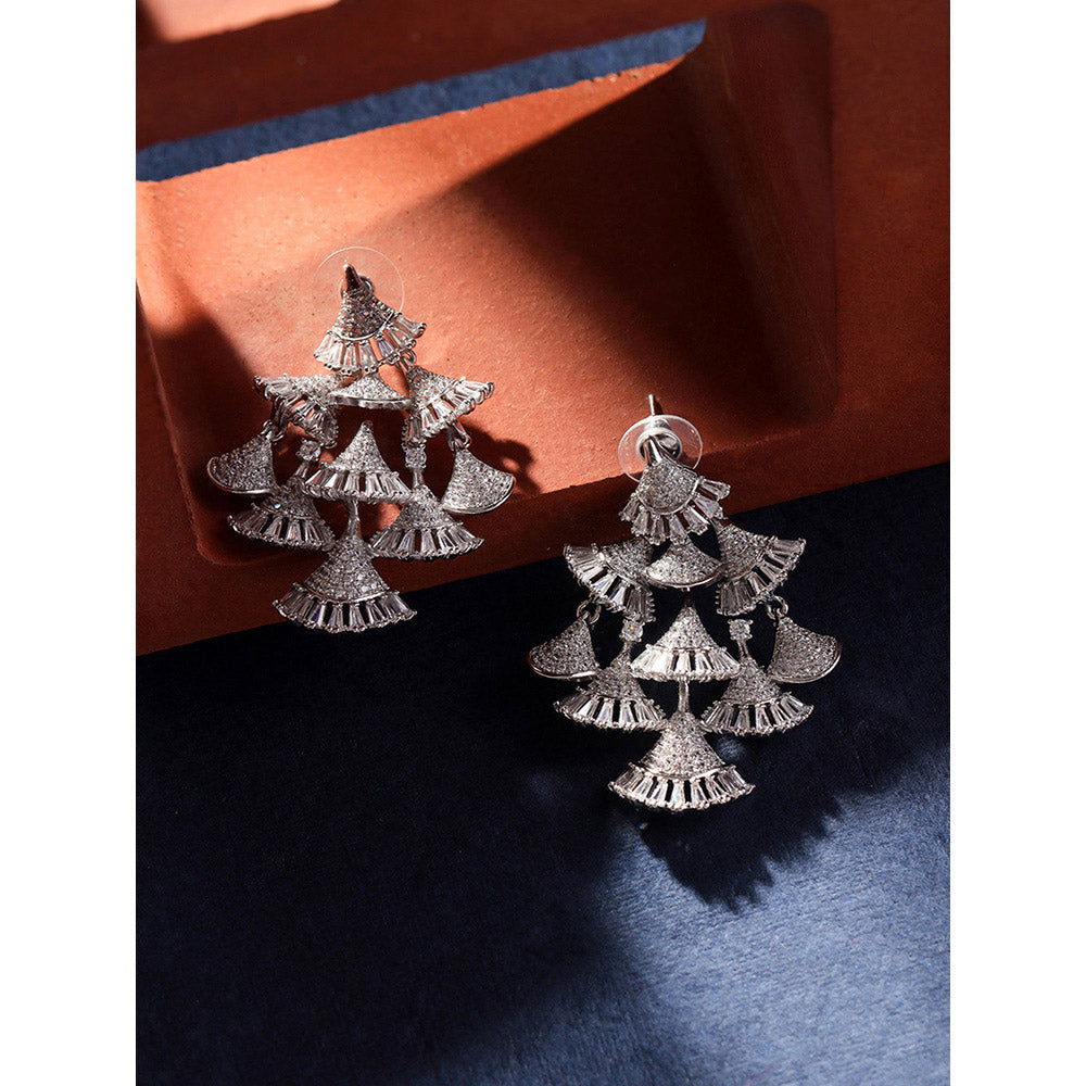 Shaze Silver Rhodium-Plated American Diamond Sunbeam Drop & Dangle Earrings For Women