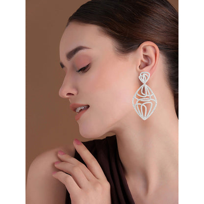 Shaze Silver Rhodium-Plated American Diamond Dazzle Thread Drop & Dangle Earrings For Women