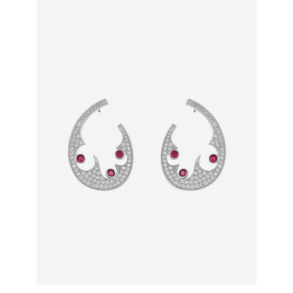 Shaze Silver Rhodium-Plated American Diamond Red Horseshoe Hoop Earrings For Women