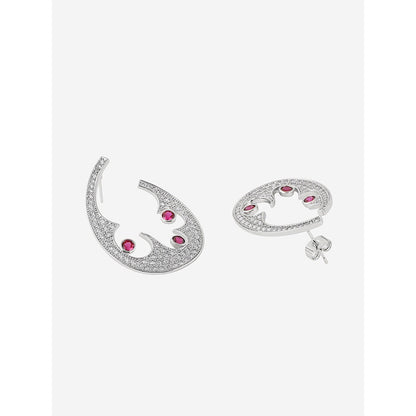 Shaze Silver Rhodium-Plated American Diamond Red Horseshoe Hoop Earrings For Women