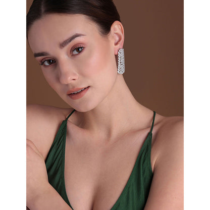 Shaze Silver Rhodium-Plated American Diamond Bunch Of Petals Drop & Dangle Earrings For Women