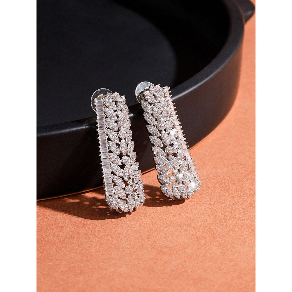 Shaze Silver Rhodium-Plated American Diamond Bunch Of Petals Drop & Dangle Earrings For Women