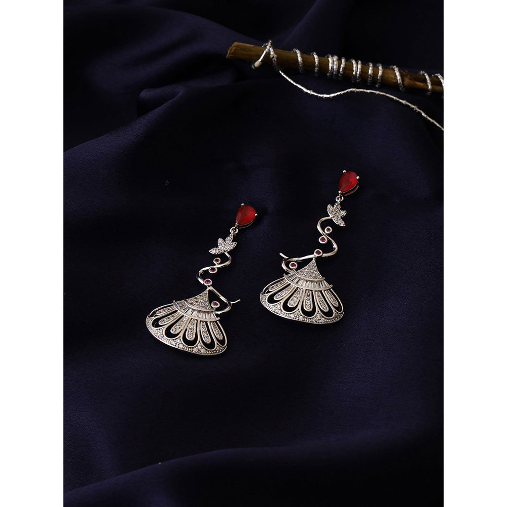 Shaze Silver Rhodium-Plated American Diamond Red Pot Drop & Dangle Earrings For Women