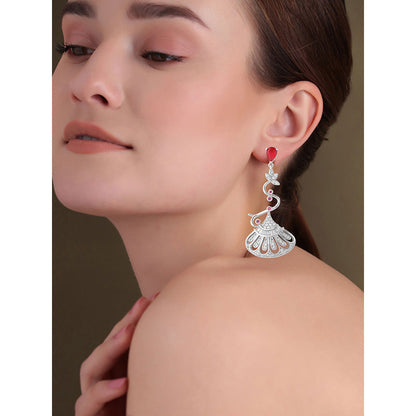Shaze Silver Rhodium-Plated American Diamond Red Pot Drop & Dangle Earrings For Women