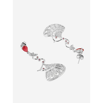 Shaze Silver Rhodium-Plated American Diamond Red Pot Drop & Dangle Earrings For Women