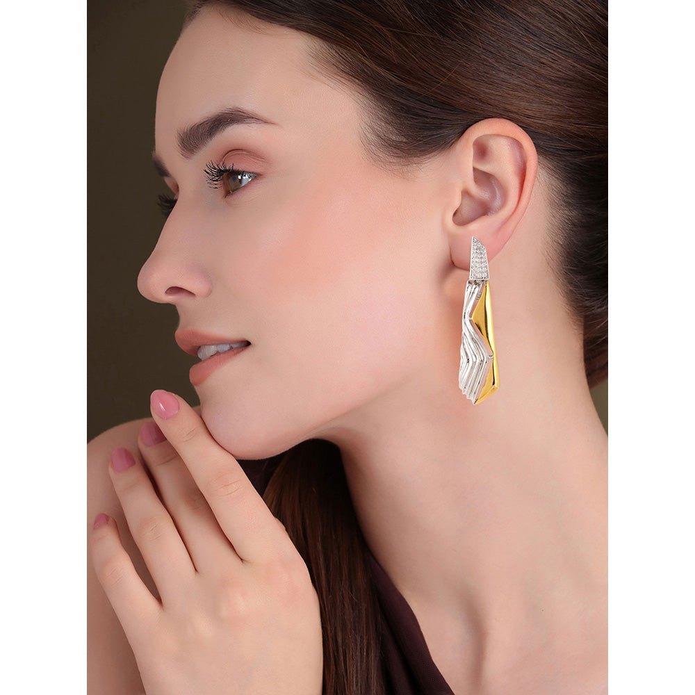 Shaze Gold Rhodium-Plated American Diamond 2 Tone Wave Drop & Dangle Earrings For Women