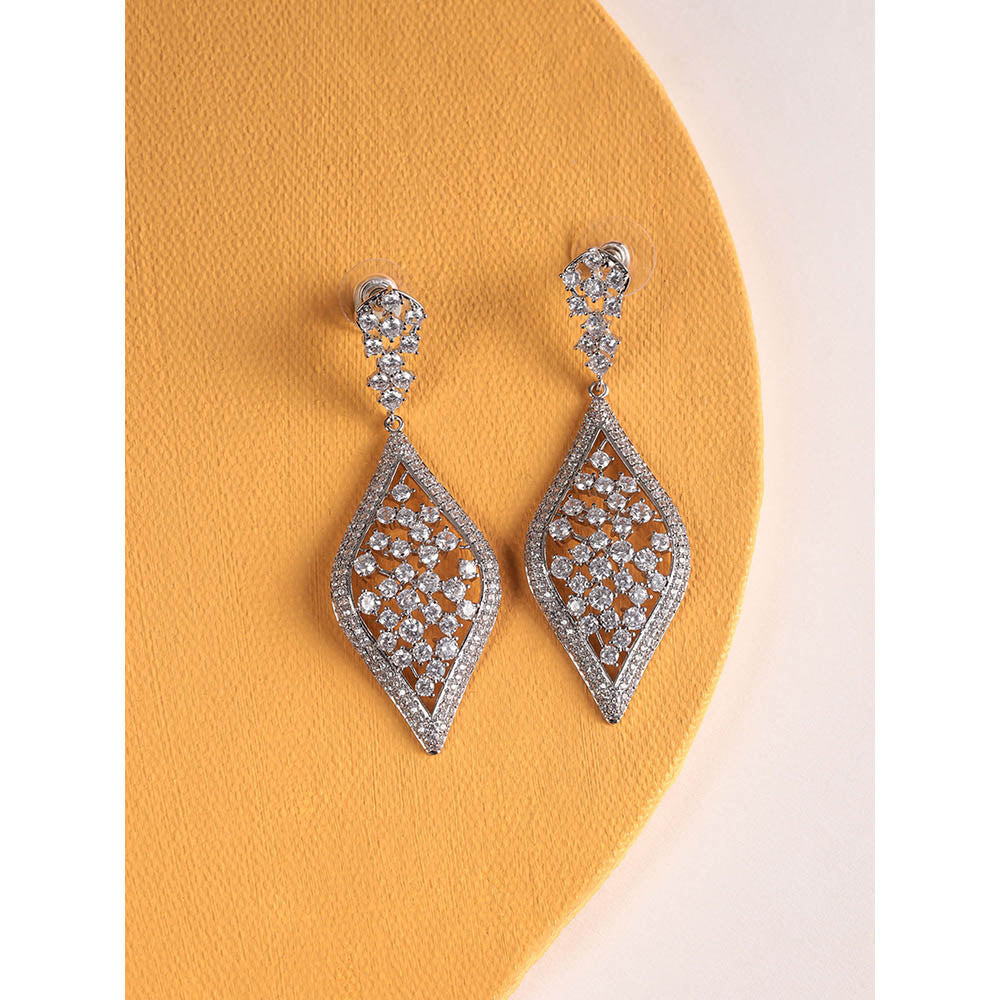 Shaze Silver Rhodium-Plated American Diamond Bluebell Drop & Dangle Earrings For Women