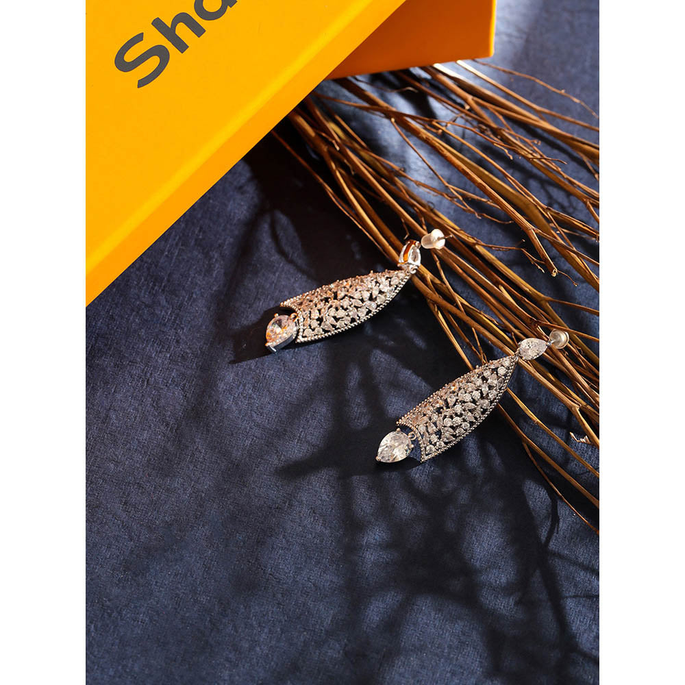 Shaze Silver Rhodium-Plated American Diamond Cluster Drop & Dangle Earrings For Women