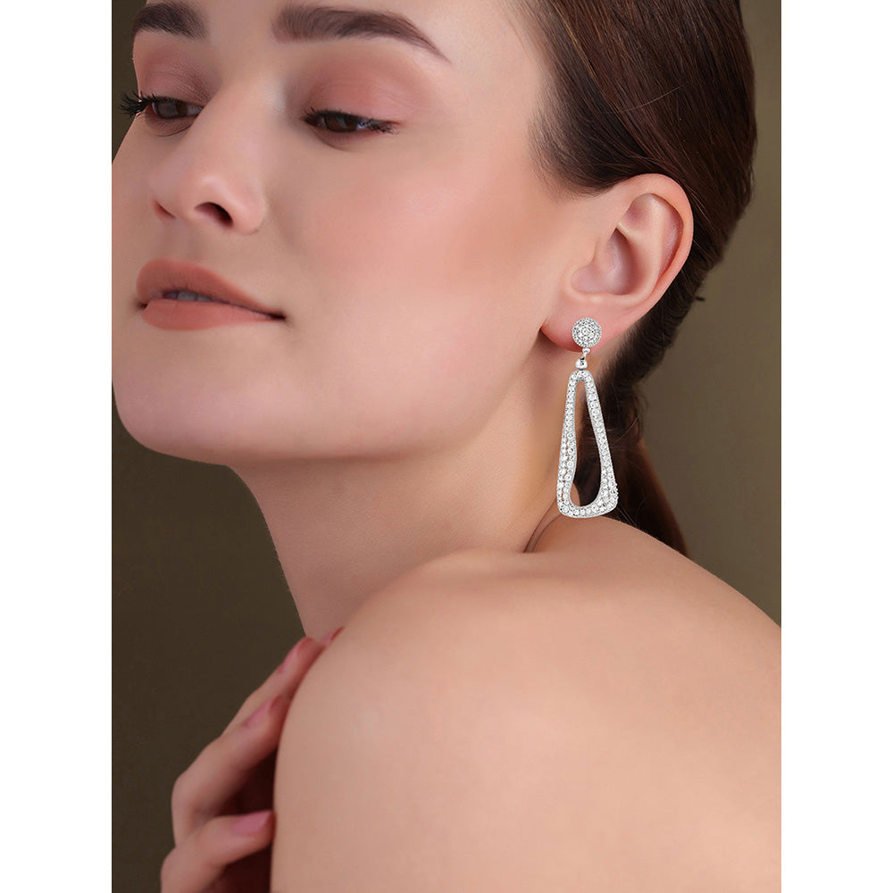 Shaze Silver Rhodium-Plated American Diamond Elongated Drop & Dangle Earrings For Women