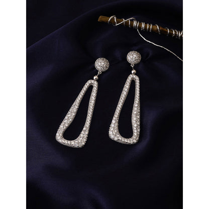 Shaze Silver Rhodium-Plated American Diamond Elongated Drop & Dangle Earrings For Women