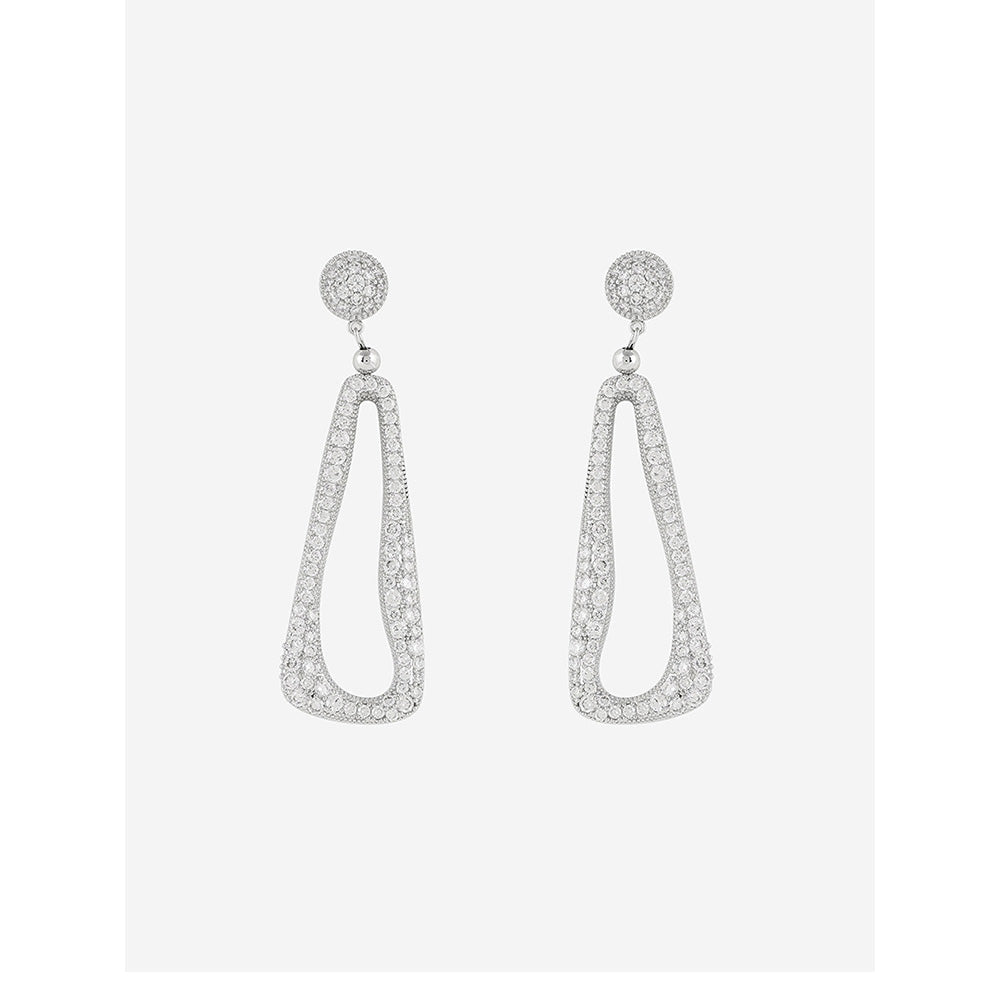 Shaze Silver Rhodium-Plated American Diamond Elongated Drop & Dangle Earrings For Women