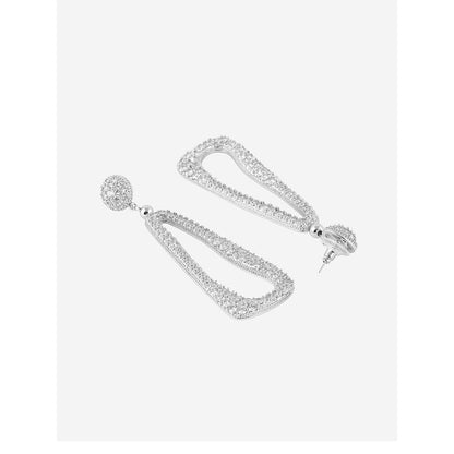 Shaze Silver Rhodium-Plated American Diamond Elongated Drop & Dangle Earrings For Women