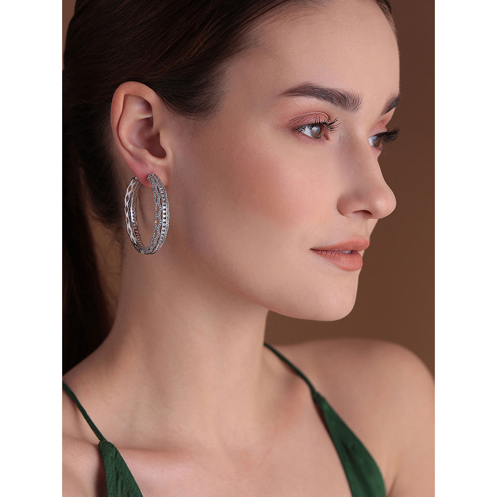 Shaze Silver Rhodium-Plated American Diamond Wave D Hoop Earrings For Women