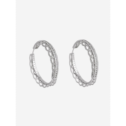 Shaze Silver Rhodium-Plated American Diamond Wave D Hoop Earrings For Women