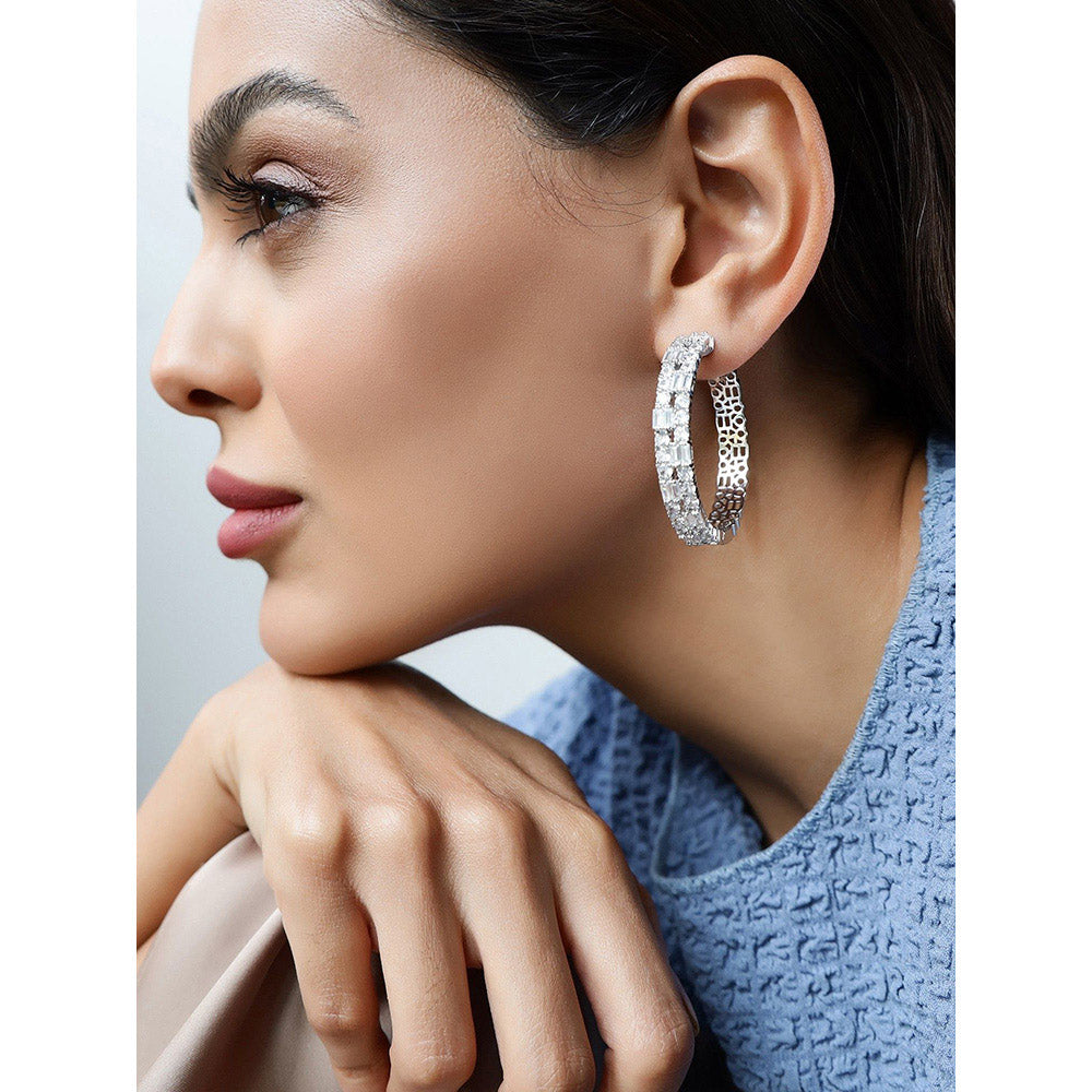 Shaze Enigma White Stone Studded Hoop Earrings