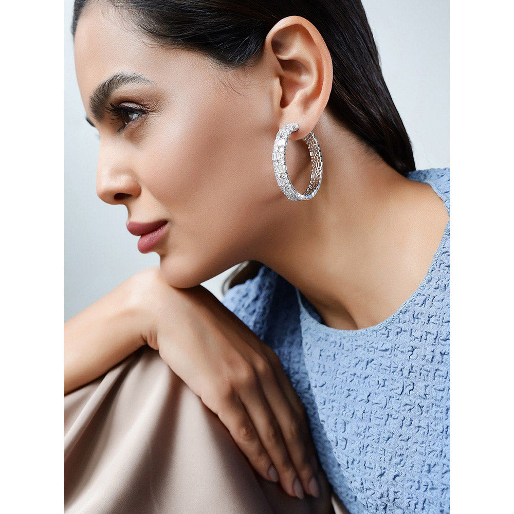 Shaze Enigma White Stone Studded Hoop Earrings