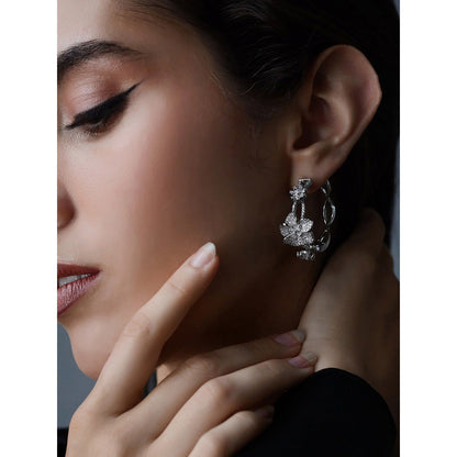 Shaze Moon Flowers Silver Stone Studded Hoop Earrings