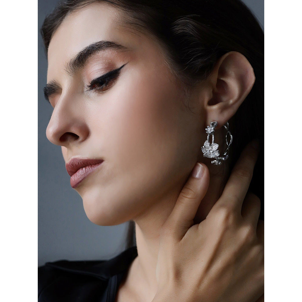 Shaze Moon Flowers Silver Stone Studded Hoop Earrings