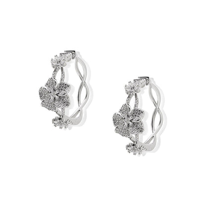 Shaze Moon Flowers Silver Stone Studded Hoop Earrings
