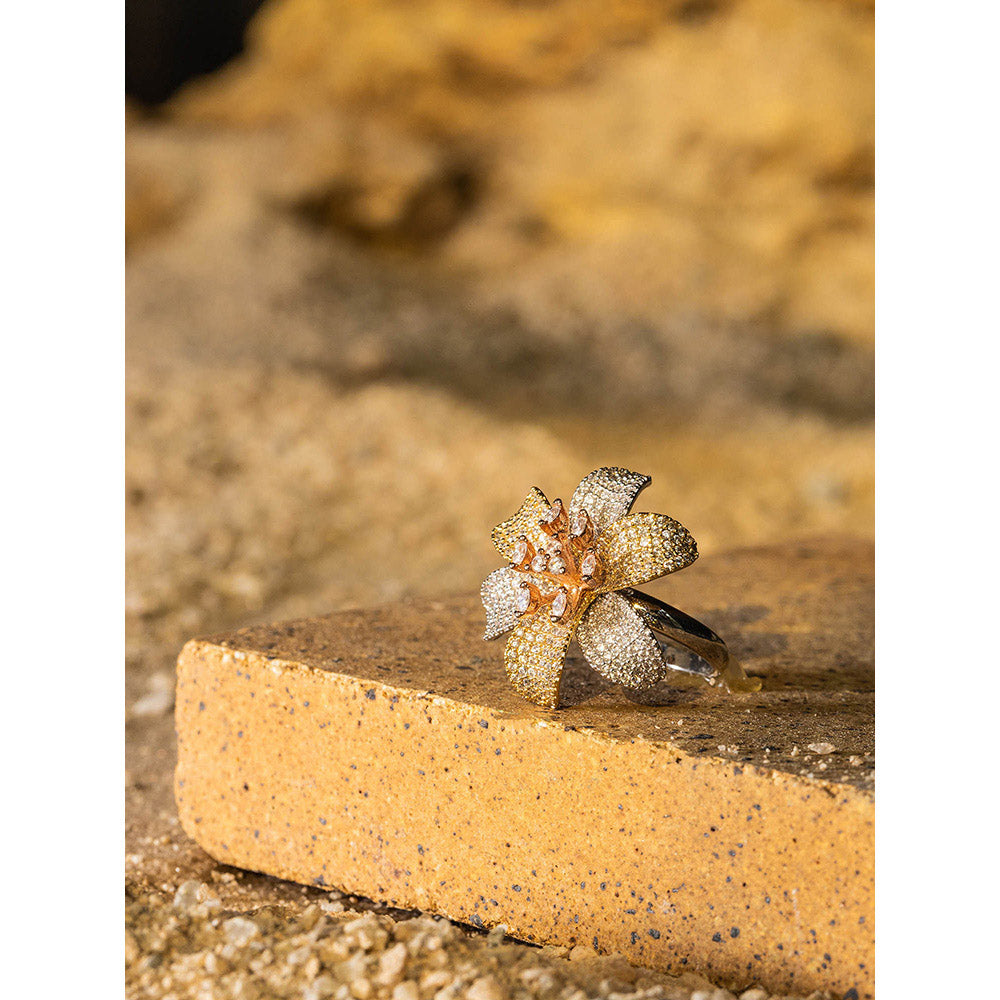 Shaze Aqua Bloom Three Tone Rings Rhodium-Plated Jewellery