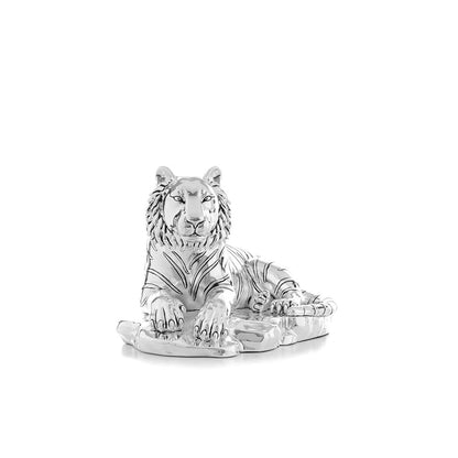 Shaze Silver Resting Tiger Sculpture with Wooden Base
