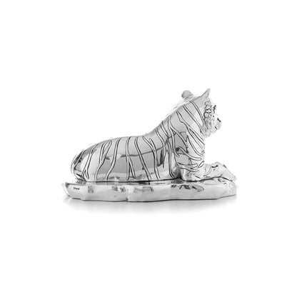 Shaze Silver Resting Tiger Sculpture with Wooden Base