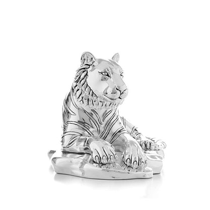 Shaze Silver Resting Tiger Sculpture with Wooden Base