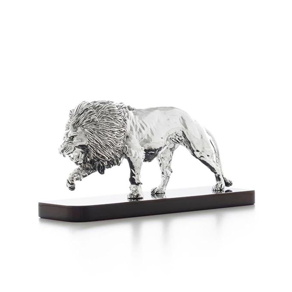 Shaze Roaring Lion Figurine in Silver Chrome Finish with Wooden Base