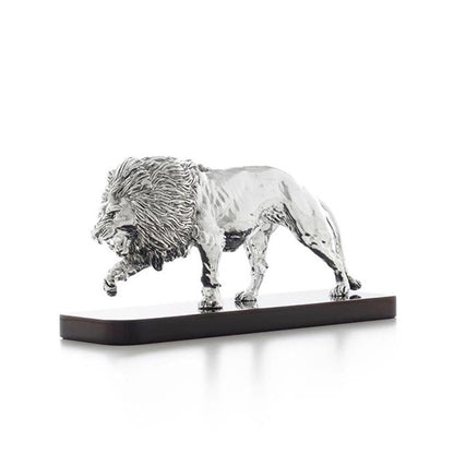 Shaze Roaring Lion Figurine in Silver Chrome Finish with Wooden Base
