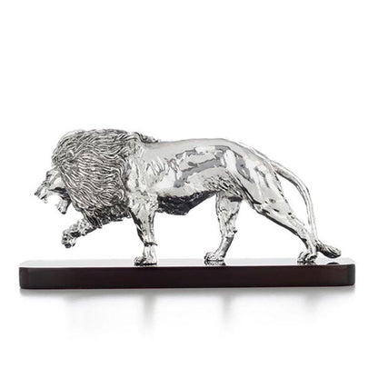 Shaze Roaring Lion Figurine in Silver Chrome Finish with Wooden Base