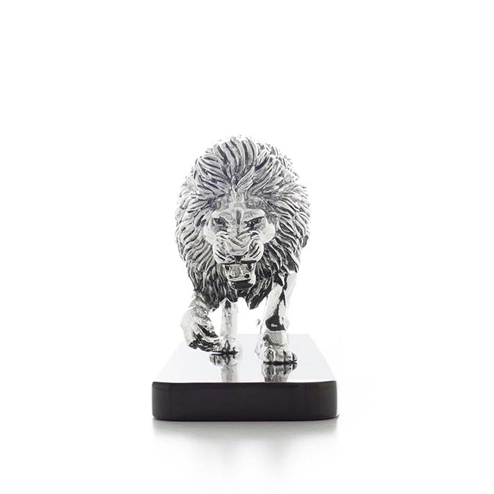 Shaze Roaring Lion Figurine in Silver Chrome Finish with Wooden Base