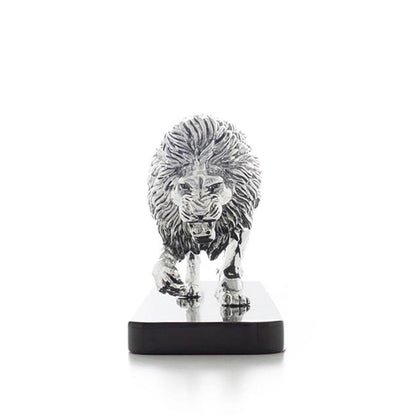 Shaze Roaring Lion Figurine in Silver Chrome Finish with Wooden Base
