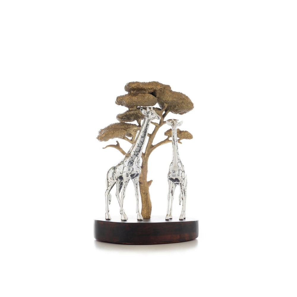 Shaze Silver & Brass Savannah Monarchs Giraffe Figurine with Wooden Base