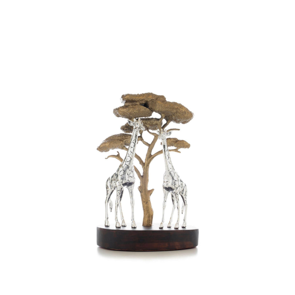 Shaze Silver & Brass Savannah Monarchs Giraffe Figurine with Wooden Base