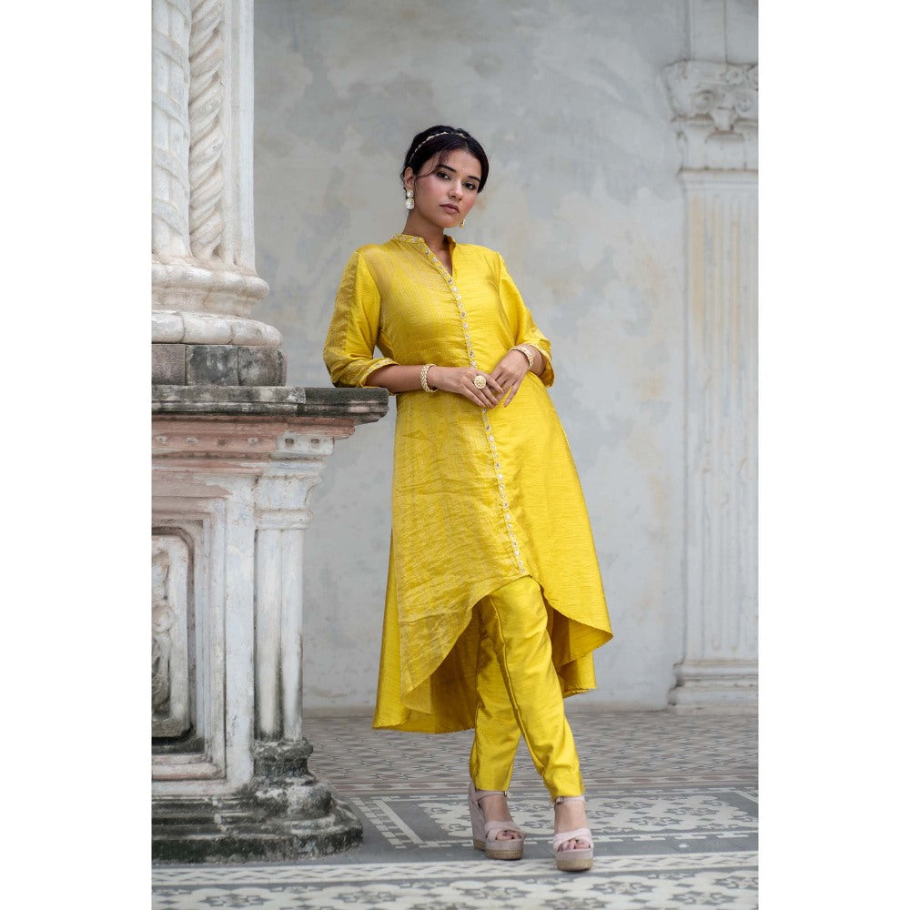 Sheela Suthar Acacia Yellow Asymmetric Kurta with Slip and Pant (Set of 3)