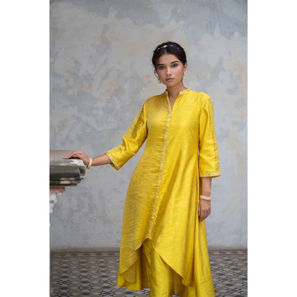 Sheela Suthar Acacia Yellow Asymmetric Kurta with Slip and Pant (Set of 3)