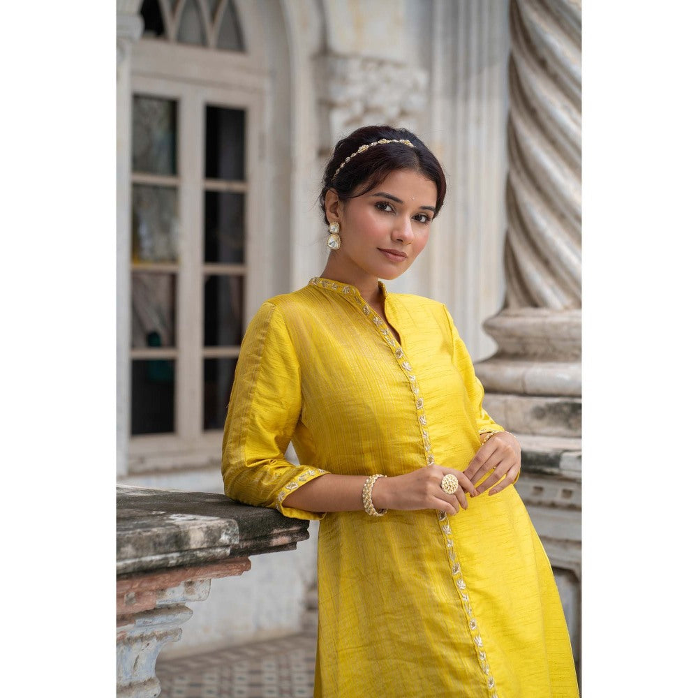 Sheela Suthar Acacia Yellow Asymmetric Kurta with Slip and Pant (Set of 3)