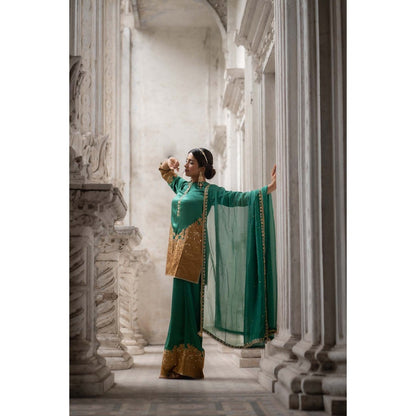 Sheela Suthar Green Short Kurti with Palazzo and Dupatta (Set of 3)