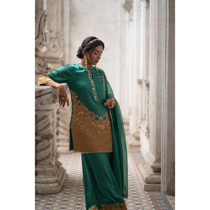 Sheela Suthar Green Short Kurti with Palazzo and Dupatta (Set of 3)