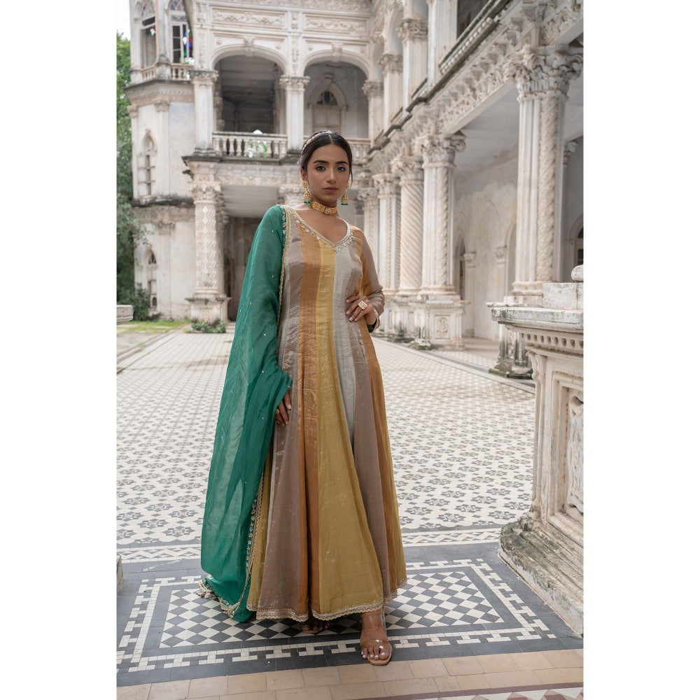 Sheela Suthar Multi-Colour Signature Tissue Anarkali with Pant and Dupatta (Set of 3)