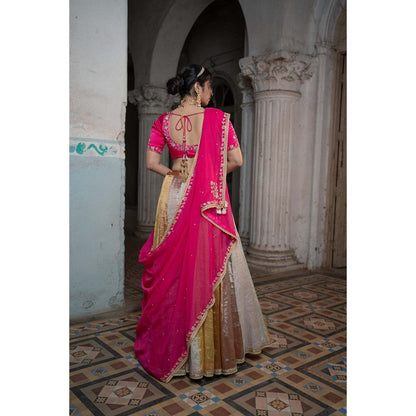 Sheela Suthar Pink Embroidered Lehenga with Dupatta, Blouse and Cancan Skirt (Set of 4)