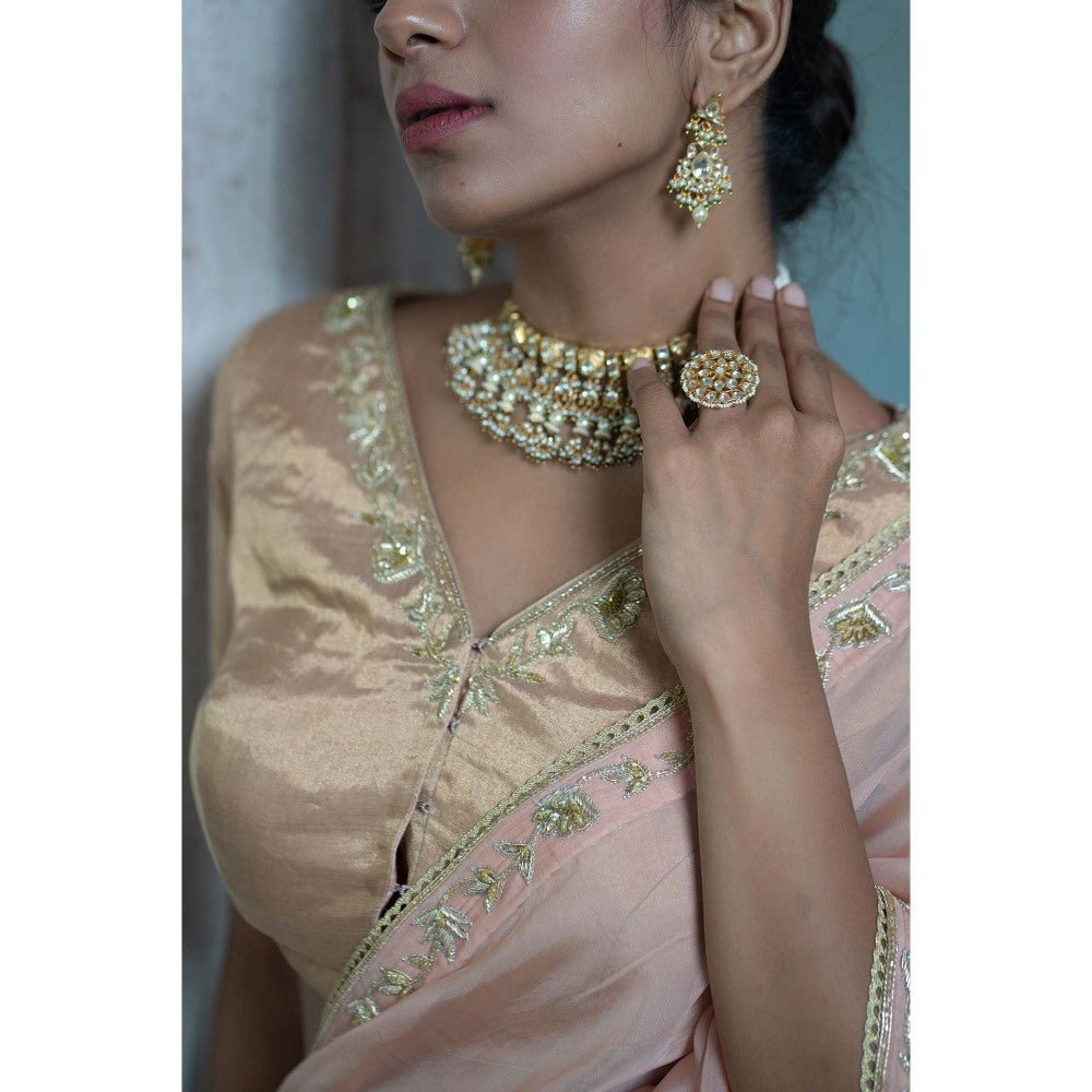 Sheela Suthar Gold Saree with Stitched Blouse