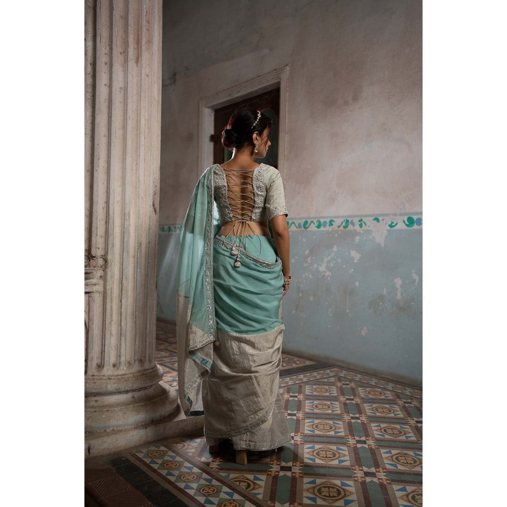 Sheela Suthar Silver Saree with Stitched Blouse